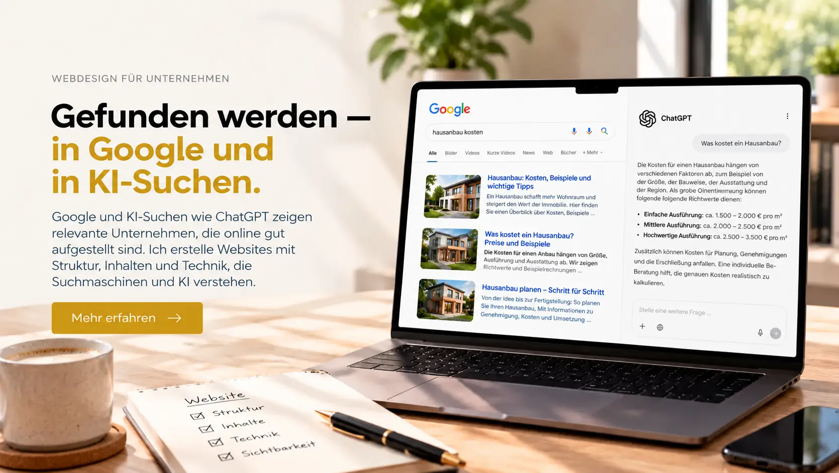 Webdesign und Sichtbarkeit in Google und KI-Suchen – Suchergebnisse und ChatGPT auf einem Laptop.